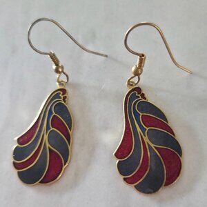 Vintage Cloisonne Enamel Dangle Earrings Red Blue Feather Design